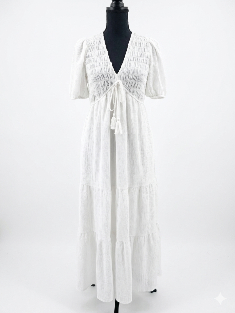 Taylor White Maxi Dress with Tassel Tie and Puff Sleeves